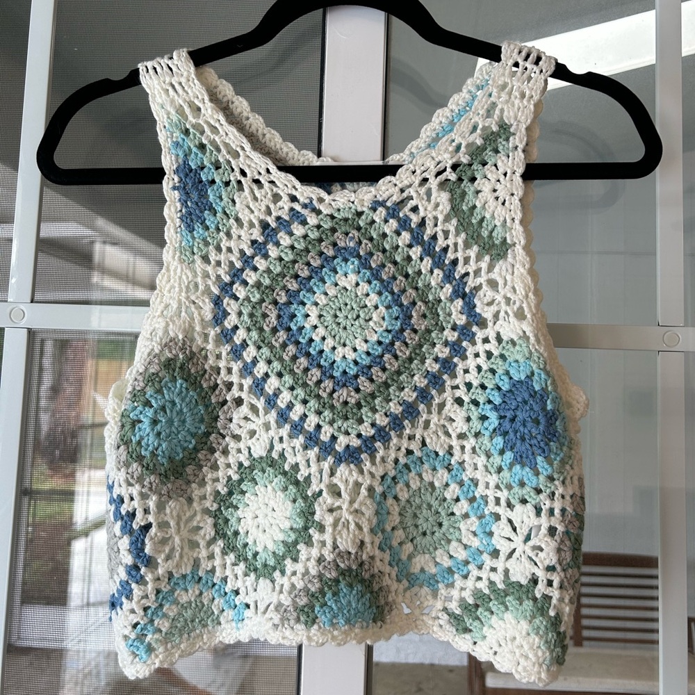 Altar’d state blue green white knit boho crochet crop tank - Picture 5 of 9